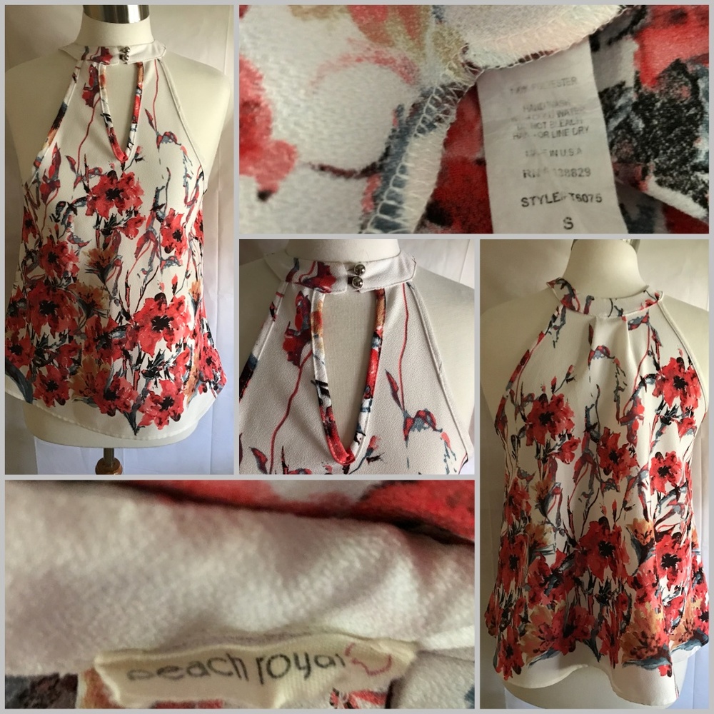 Sleeveless Halter Floral Top. Peach Royal, Size Sm